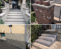 Collage of exterior home elements including steps, brick chimney, and wall sections.