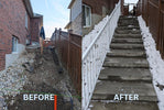 Before and after comparison of a snow-covered staircase with construction activities.