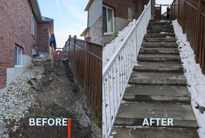 Before and after comparison of a snow-covered staircase with construction activities.