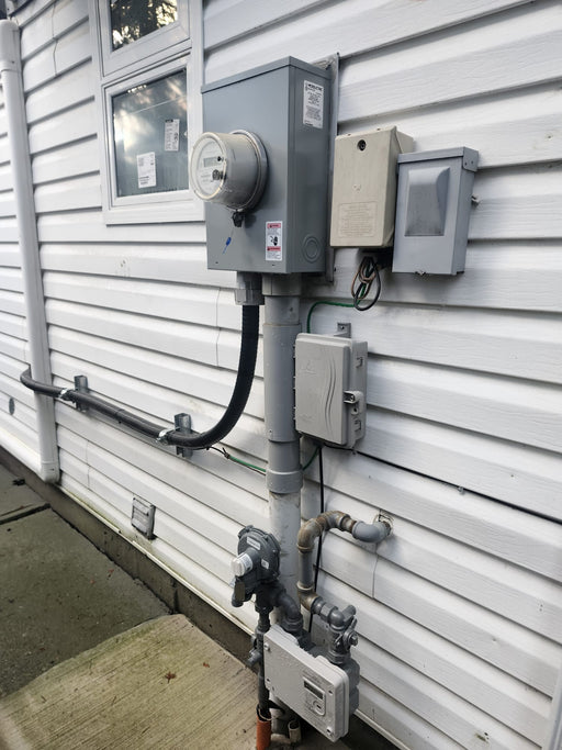 Electrical panel and meters mounted on a building exterior