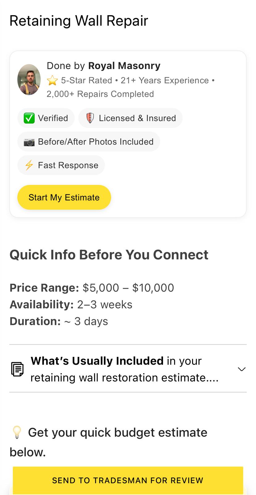 Example TradeMatch business profile with price and quick info