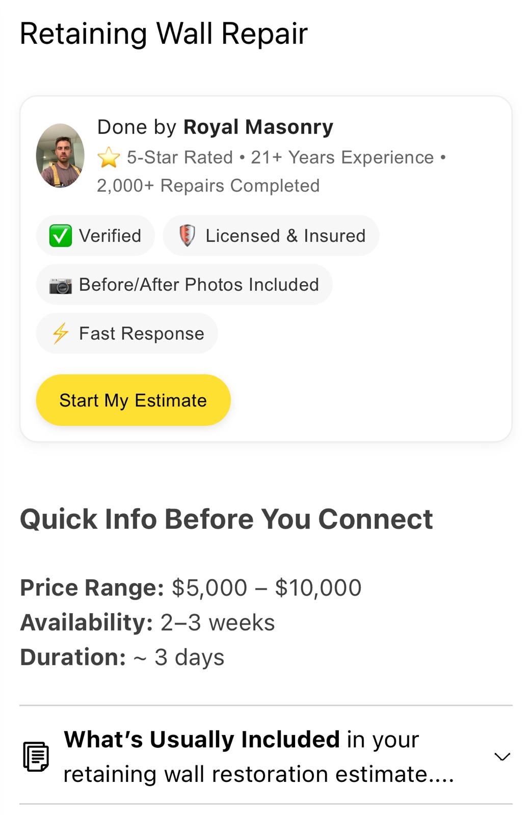 Service listing on TradeMatch showing quick info before you connect