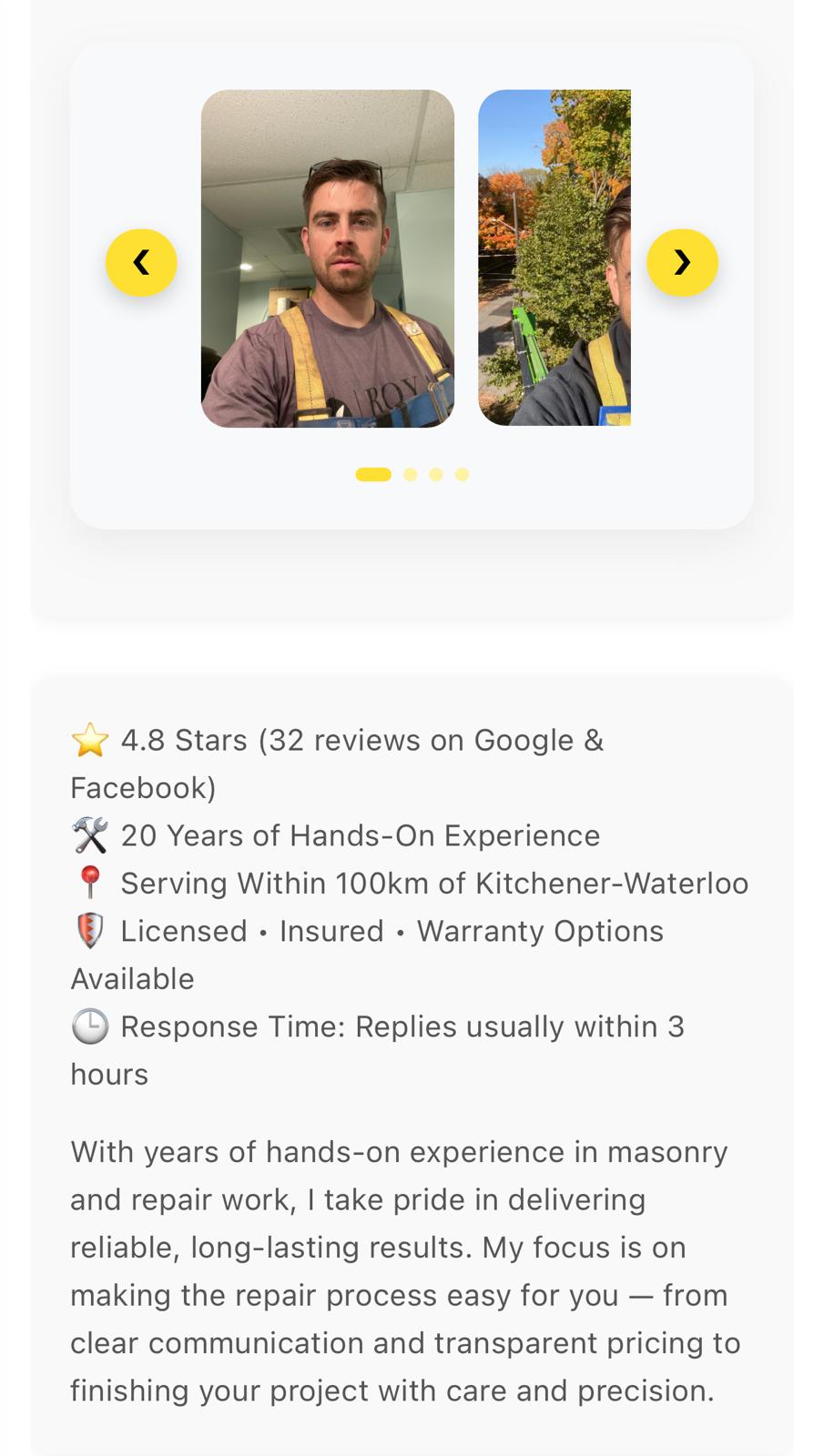 TradeMatch tradesman profile with photos, rating, and service area