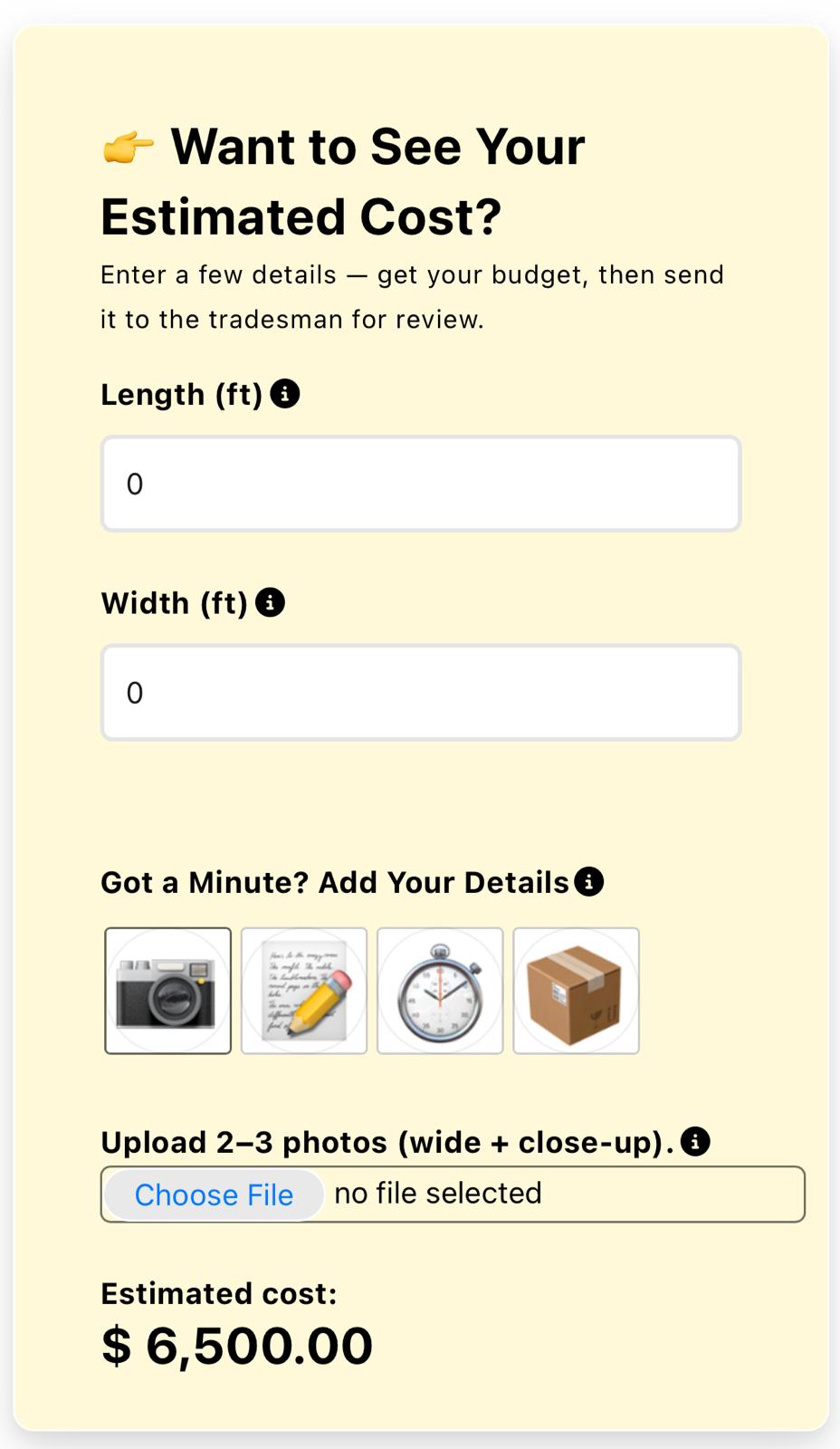 TradeMatch estimated cost calculator showing budget range