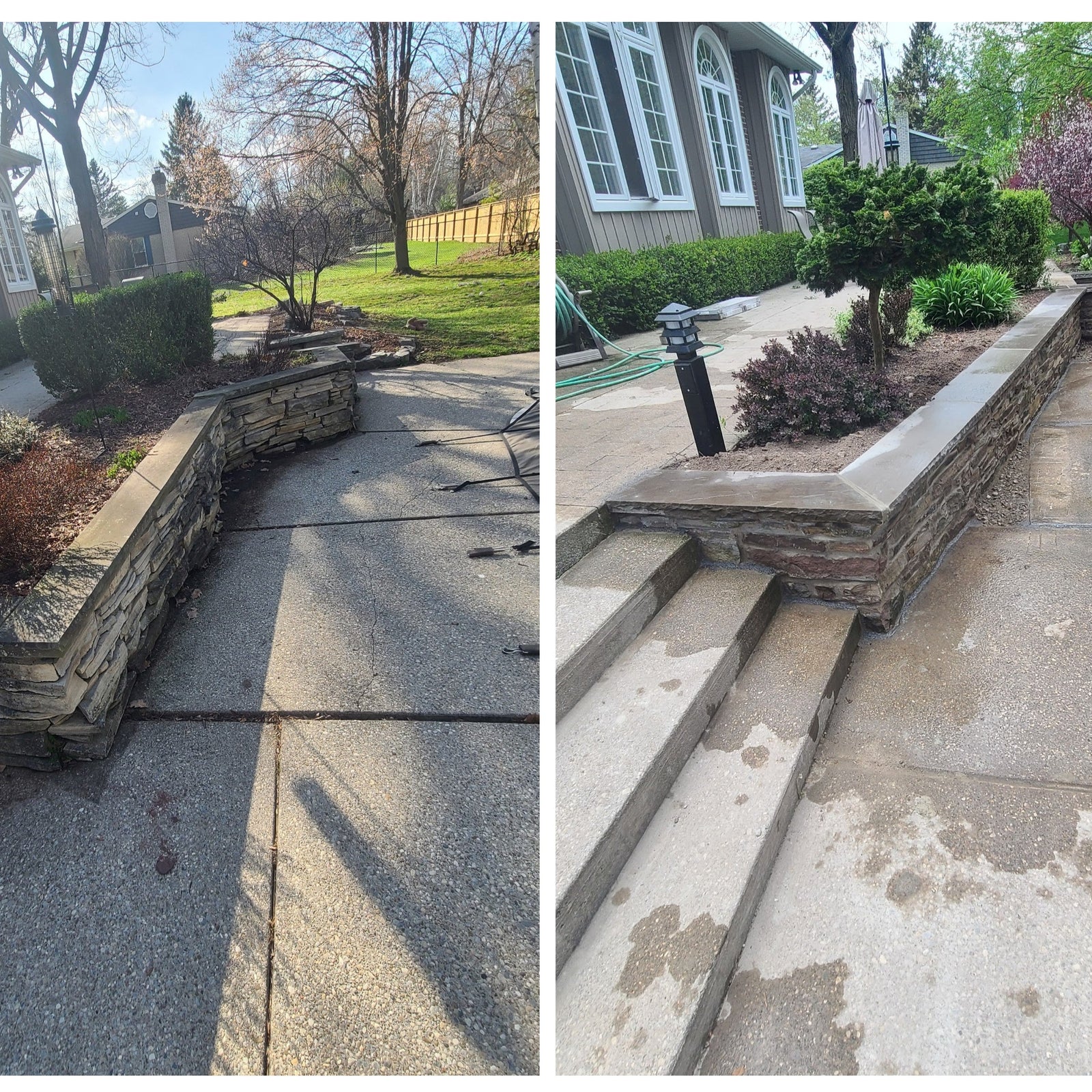 Before and after comparison of a garden area with stone retaining walls.