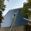 Ladder against a blue house with trees in the background