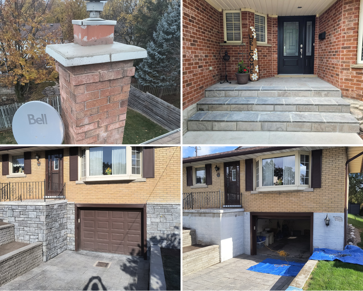 Collage of home exterior features including a brick chimney, front steps, garage, and driveway.