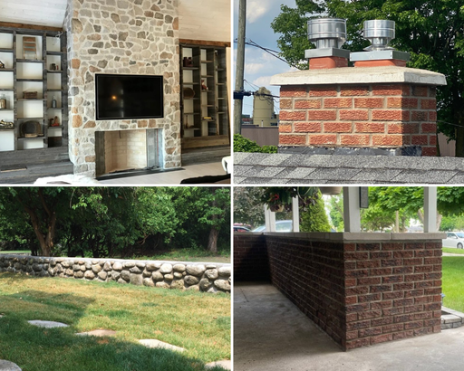 Collage of various brick and stone structures including a fireplace, chimney, and wall.
