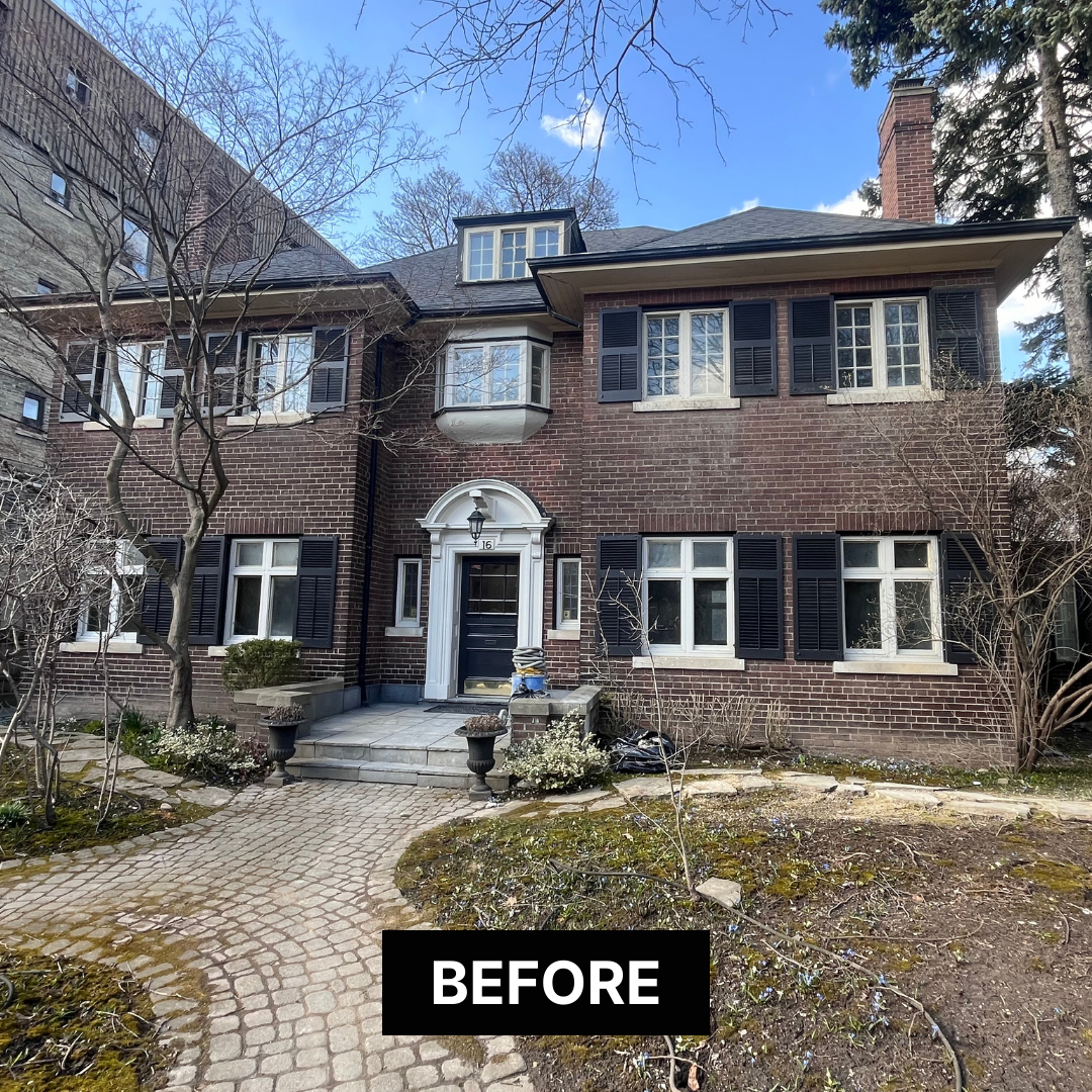 Brick house with a garden area, labeled 'Before', against a blue sky.