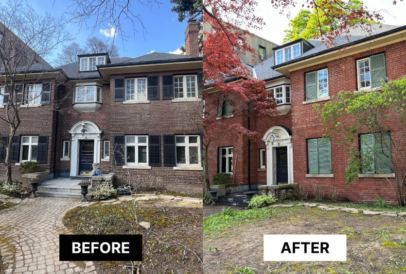 Before and after comparison of a brick house exterior with landscaping changes.