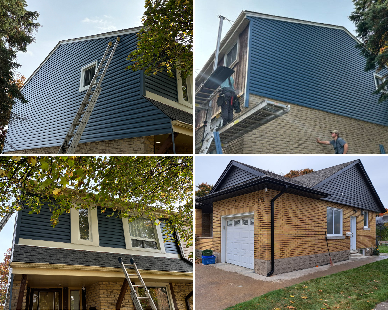 Collage of a house being painted with a ladder and person working on it, followed by a completed brick house.