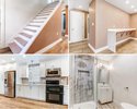 Collage of a home interior with staircase, living room, kitchen, and bathroom.