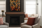 Modern living room design featuring a built-in fireplace, upholstered armchairs, and decorative accent pillows in a stylish residential interior.