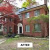 Red brick house with green shutters and a 'After' label on a grassy area.