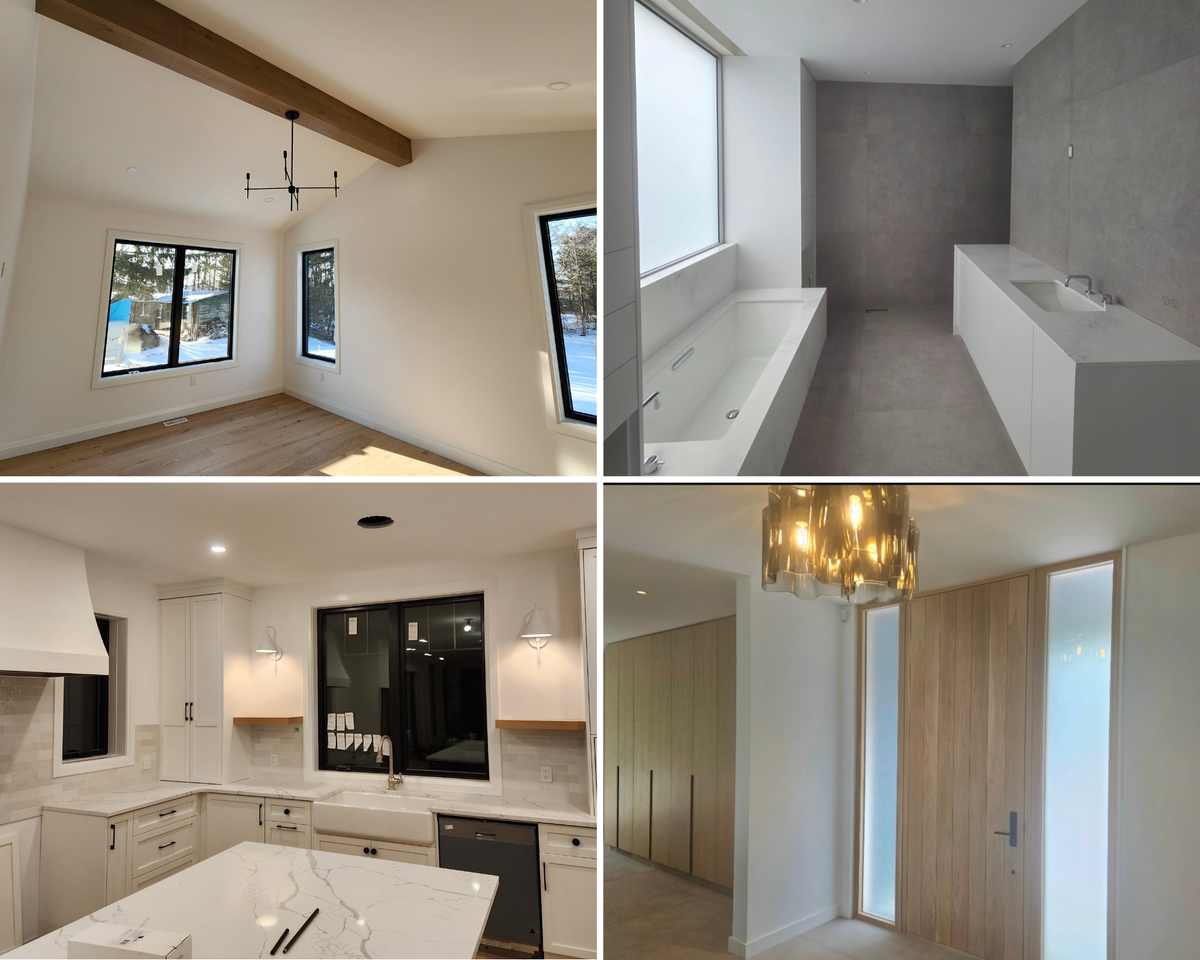 Collage of four images showing different rooms in a modern home: living room, bathroom, kitchen, and hallway.