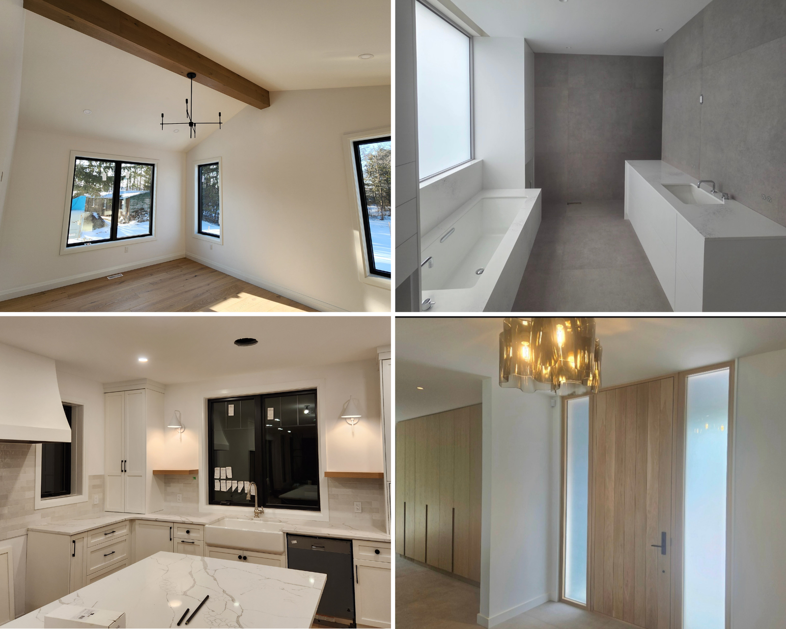Collage of four images showing different rooms in a modern home: living room, bathroom, kitchen, and hallway.
